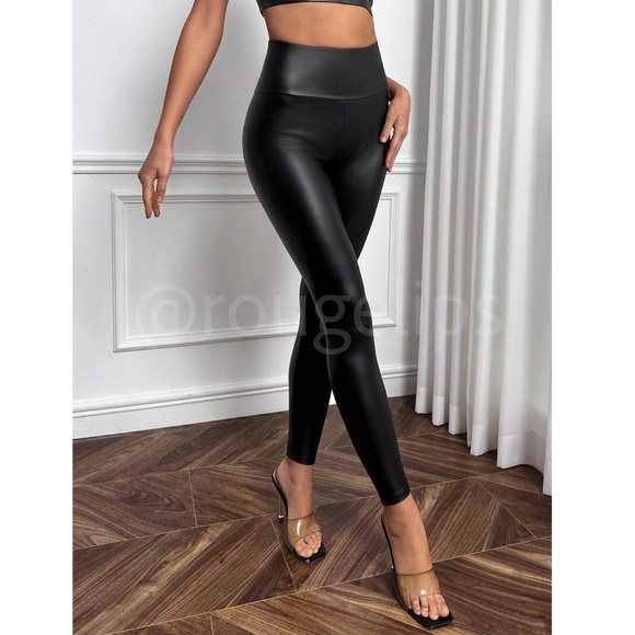 Black PU Faux Leather Leggings High Waist Skinny Slim Fit - Picture 2 of 7